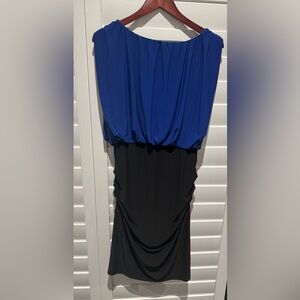 Valerie Bertinelli Women Blue & Black Polyester Sleeveless Knee Length Dress 12